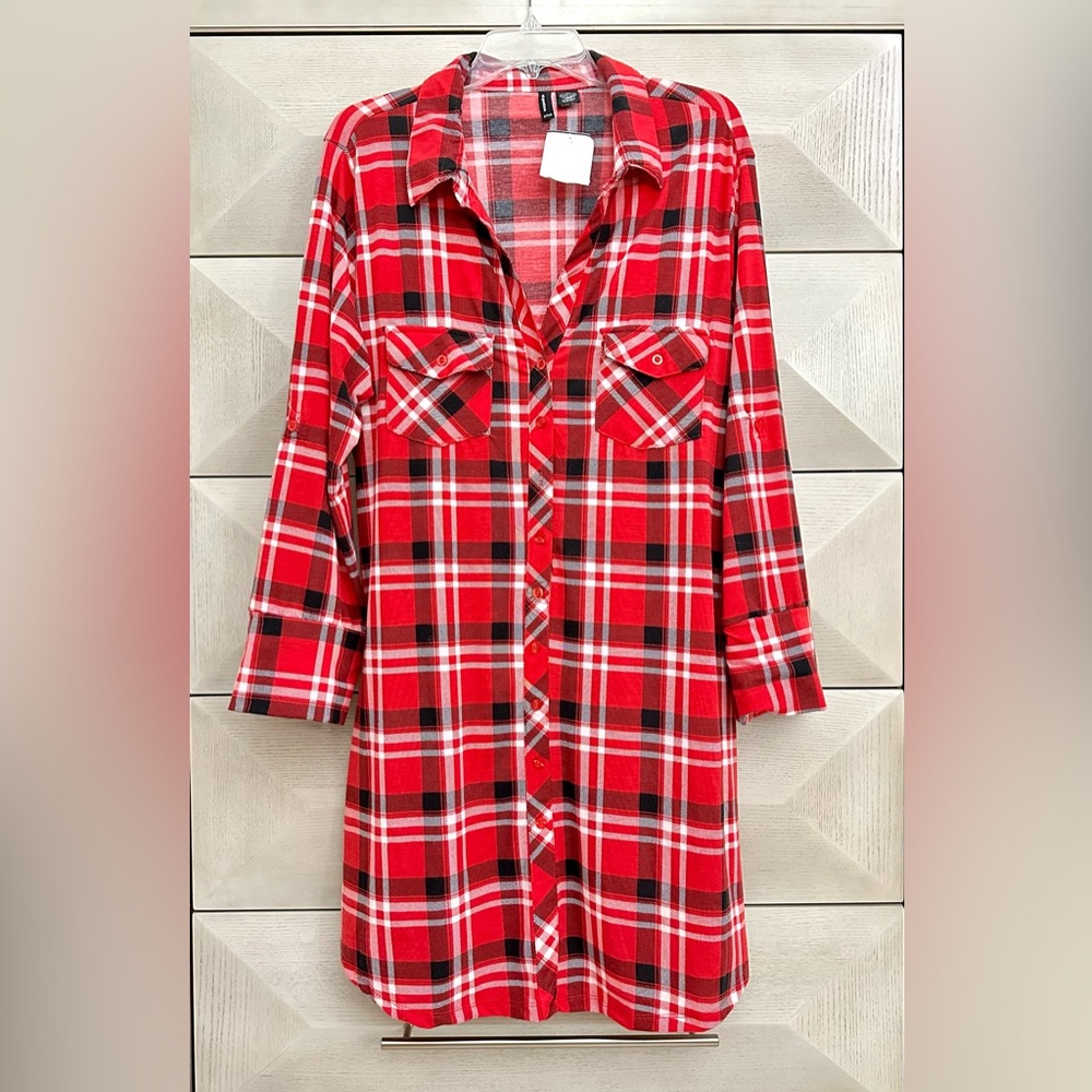 Next Question Red and Black Plaid Shirt Dress - Size 3X